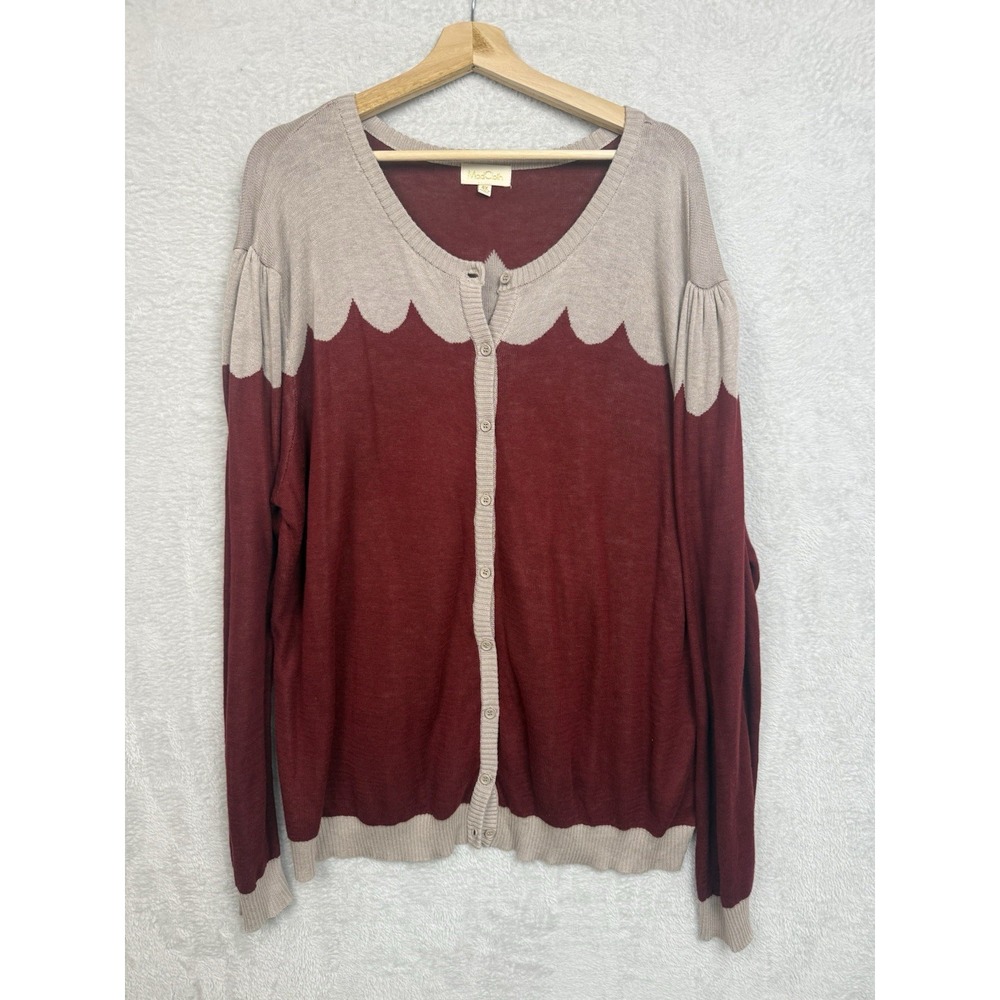 Modcloth Paris Cafe Red Boho Cardigan 4X Colorblock Scalloped Yoke Puff Sleeve